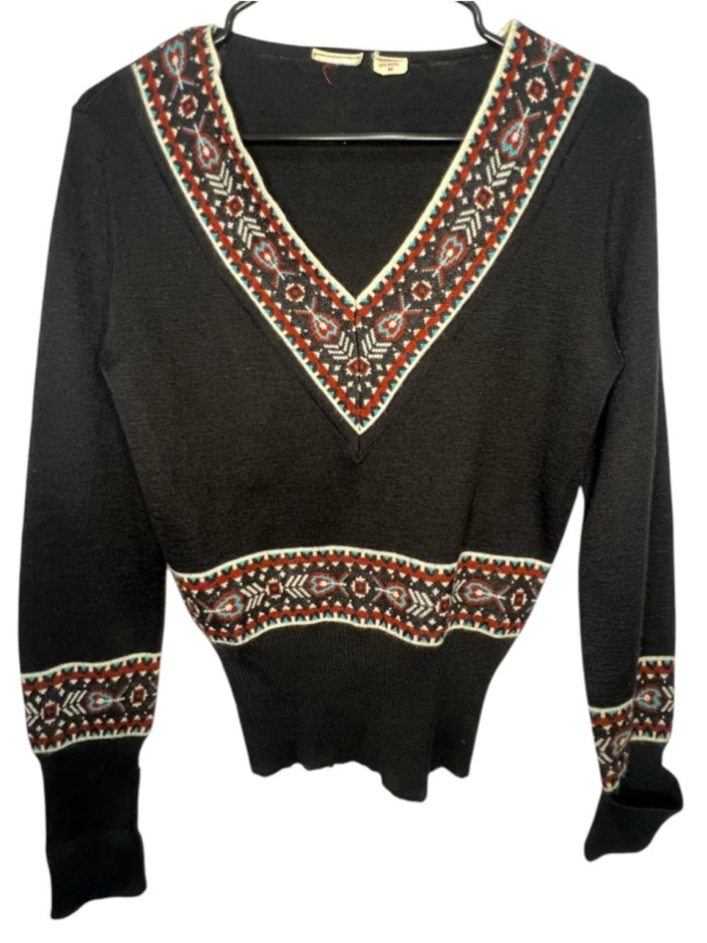 Vintage Wool Blend Southwestern Aztec Fair Isle V-Neck Pullover Sweater